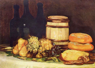 Ф.Гойя "Натюрморт с фруктами, бутылками и хлебом."