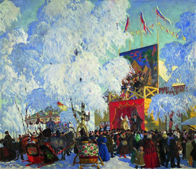 Б.Кустодиев "Балаганы, 1917 год."